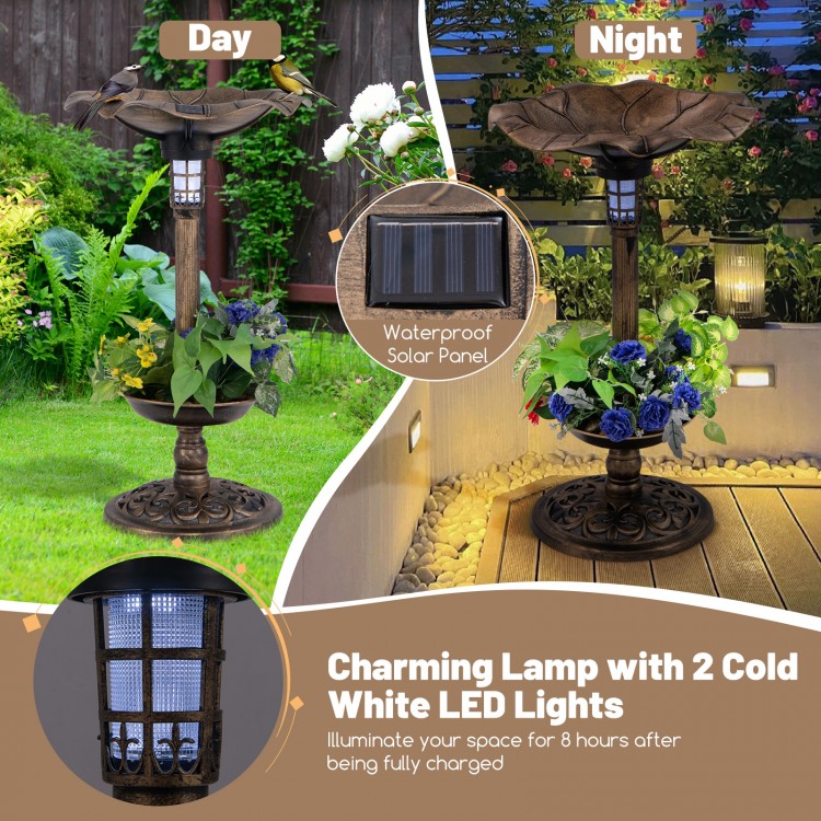Standing pedestal birdbath and feeder combo in bronze with lotus leaf bowl, featuring cold white LED lights for outdoor.